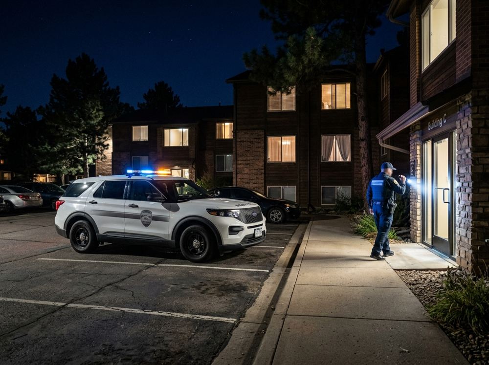 Security officer checking a building entrance during a night patrol of an apartment community